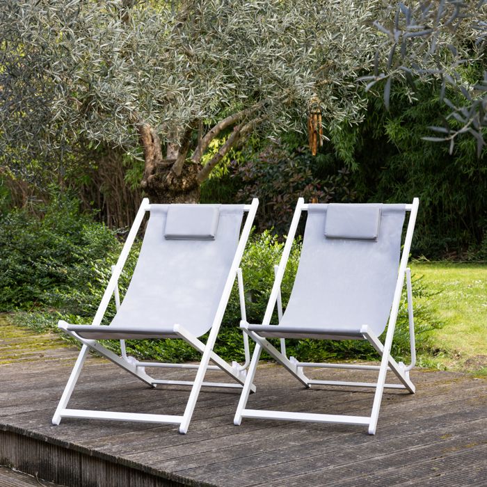 Lot de 2 chiliennes CYPRUS - textilène gris/structure blanche(Gris blanc)