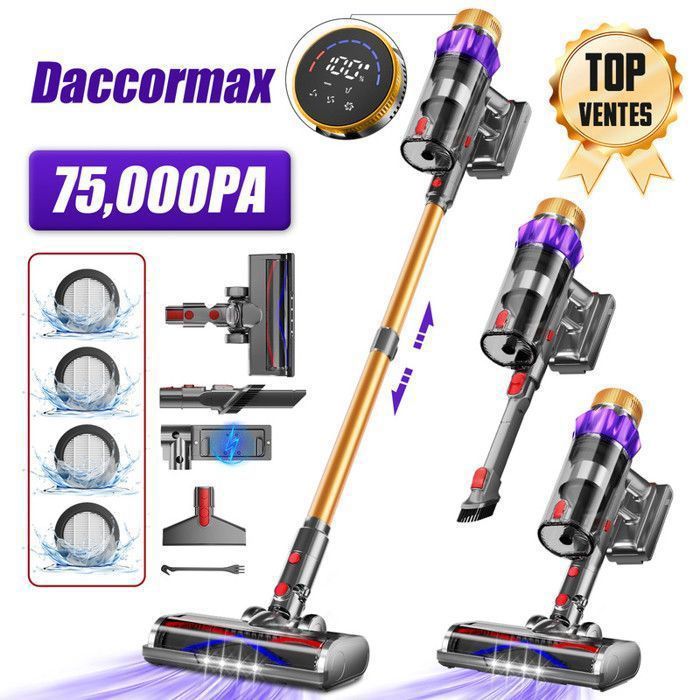 Aspirateur balai sans fil 75000Pa,Autonomie de 70 min,Batterie de 10x2200mAh,Capacité de 2L,Moteur sans balais(Doré)