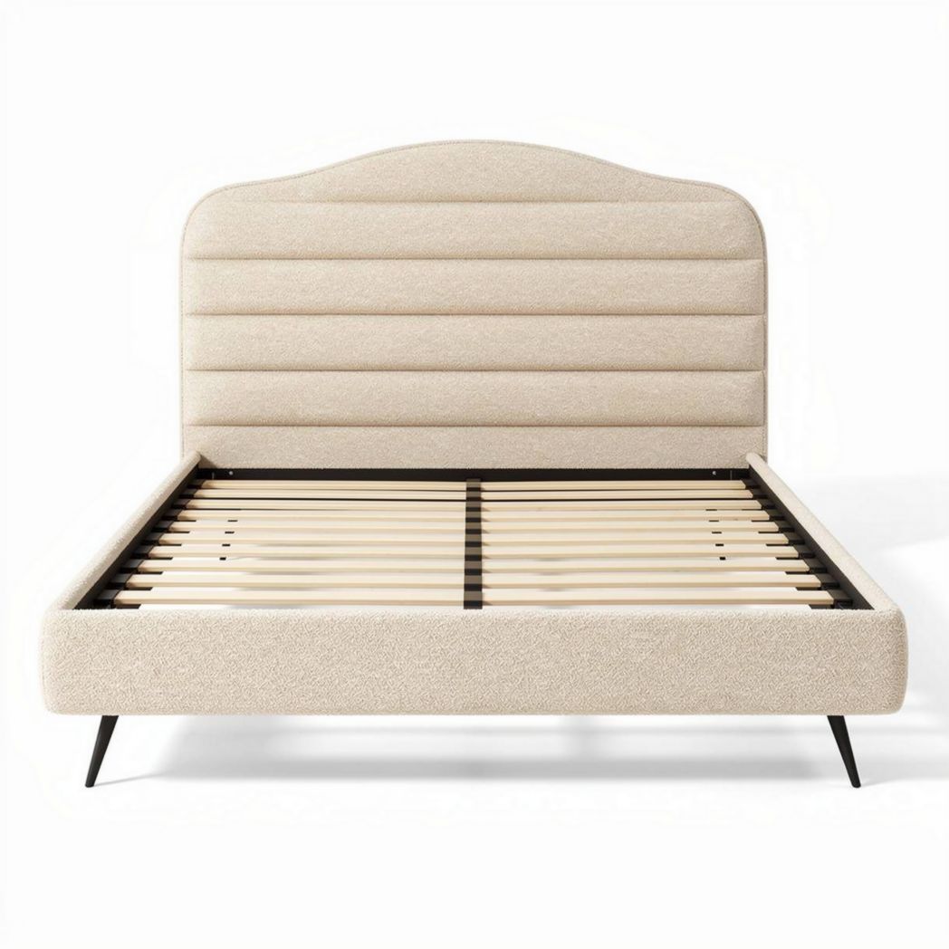 Lit en tissu beige avec tête de lit rembourrée dimensions 200 x 160 x 100cm