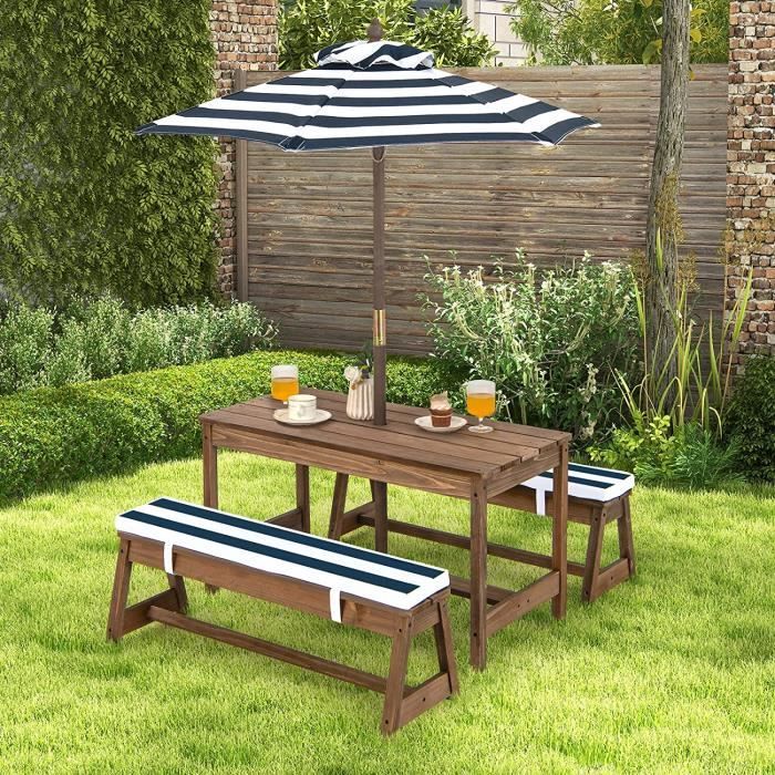 GIANTEX Ensemble Table de Jardin et 2 Bancs Enfant en Bois avec Parasol Amovible /Réglable,Table Pique-Nique en Extérieur,Brun+Bleu(Brun et Bleu)