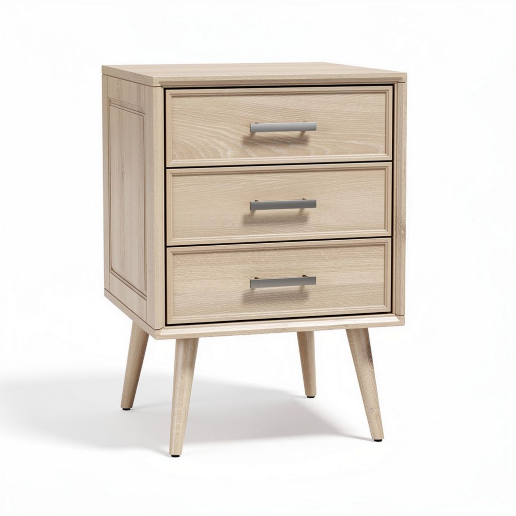 Table de chevet en bois clair avec trois tiroirs dimensions 40 x 30 x 70cm