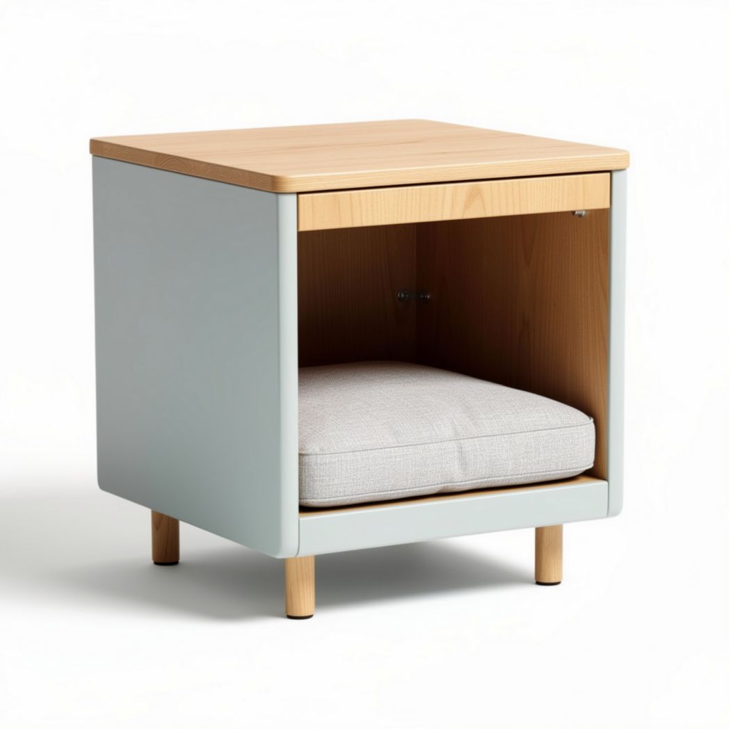 Table de chevet en bois de pin gris avec un tiroir et un coussin beige 40 x 40 x 50cm