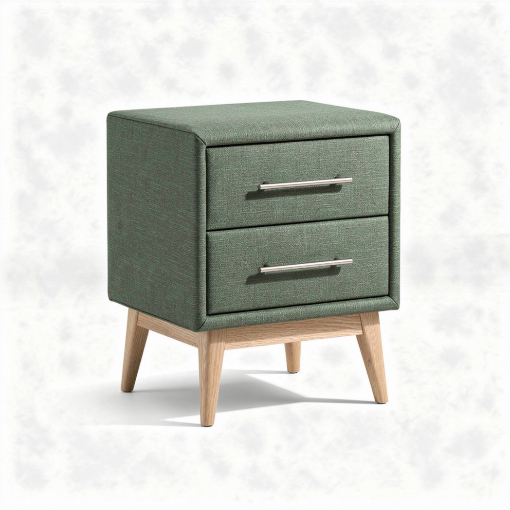 Table de chevet en tissu vert avec tiroirs en bois 45 x 45 x 50cm