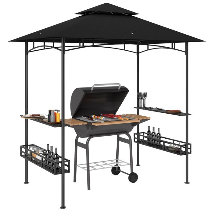 Tonnelle de barbecue - Outsunny - crochet au plafond - étagères et paniers - métal galvanisé 240 x 150 x 257 cm - gris foncé(Gris foncé)