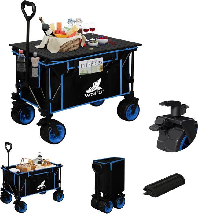 WOLTU Chariot de Jardin avec Plateau Amovible, Roues larges, Charge 120kg, Chariot Plage, Tissu Oxford+Acier, Noir+Blue W0UETT0104(Noir et bleu)