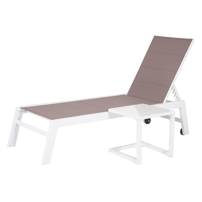 Set bain de soleil et table d'appoint BARBADOS en textilène taupe - aluminium blanc(Taupe)