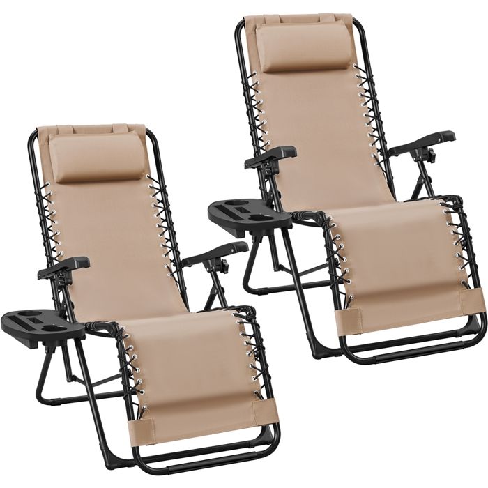 Yaheetech Lot de 2 Chaise Longue de Zéro Gravité Inclinable Exterieur Chaise de Transat Réglable, Beige(Beige)