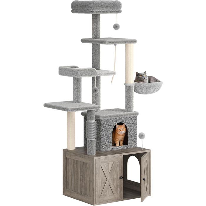 Arbre à Chat 2 en 1+ Enceinte de Litière Cachée - Meuble Chat Multiniveaux, Poteaux à Gratter, Boules Suspendues, Armoire - Gris(Gris et gris)