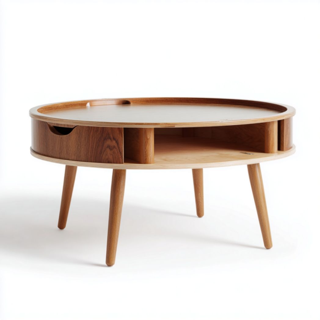 Table basse en bois clair avec tiroir et étagère métallique 90 x 90 x 40cm