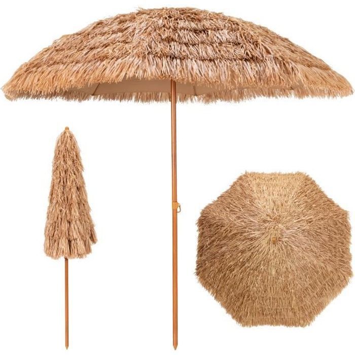 COSTWAY Parasol de Plage Hawaii Tropical en Chaume Ø243xH 222 cm Bouton-Pression 7 Couches 8 Baleines en Métal Polyester(Naturel/Diamètre : 200 cm)