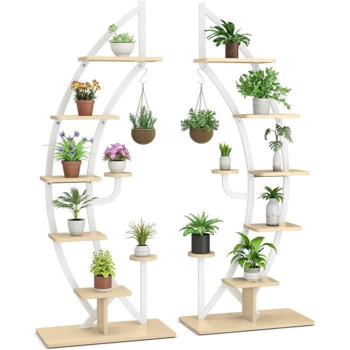 COSTWAY Lot de 2 Étagères à Fleurs en Métal - 7 Niveaux - Porte Plantes en Forme de Demi-lune, Dispositif Anti-renversement Blanc(Blanc/Forme de cœur/A l'unité)