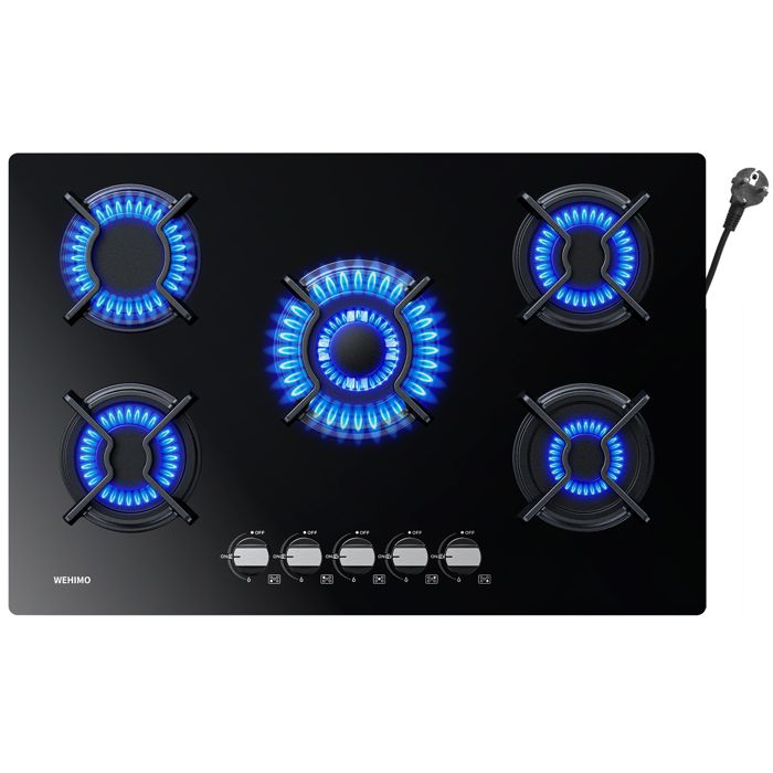 Plaque de cuisson gaz - WEHIMO - 5 feux - Verre trempé 8 mm - Sécurité thermocouple - Noir(5 Brûleurs)