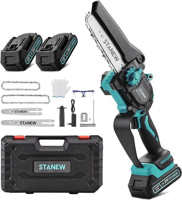 STANEW 6 ou 8 pouces brushless 600W Mini tronçonneuse à batterie, 2 Batteries 4Ah moteur sans balais(Longueur non réglable)