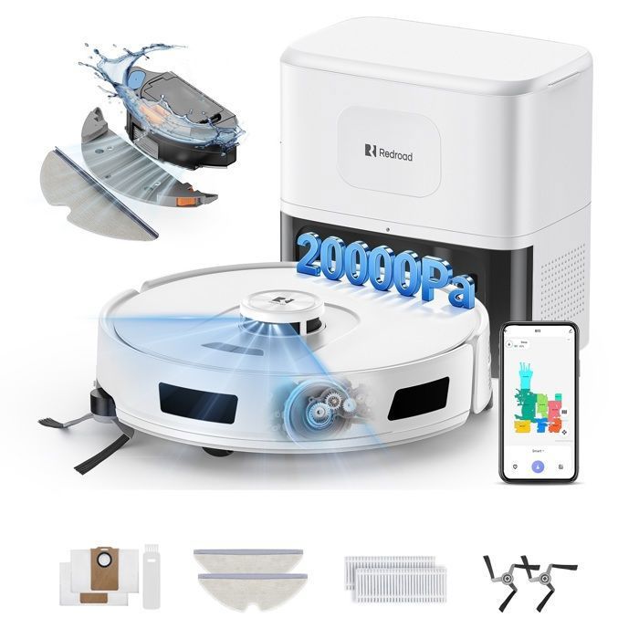 Aspirateur Robot Laveur 4-en-1,20000 Pa-Redroad R11-200min Autonomie,Vidange Auto,avec Navigation LiDAR,Charge-Auto,avec App(Blanc)