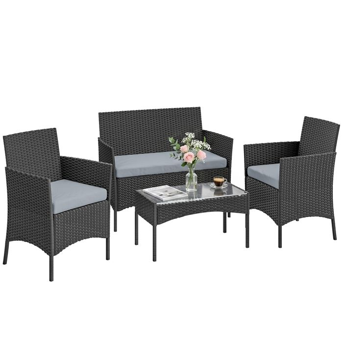 Salon de jardin extérieur - Outsunny - 4 personnes - en résine tressée - table basse en verre trempé - coussins déhoussables - gris(Gris)