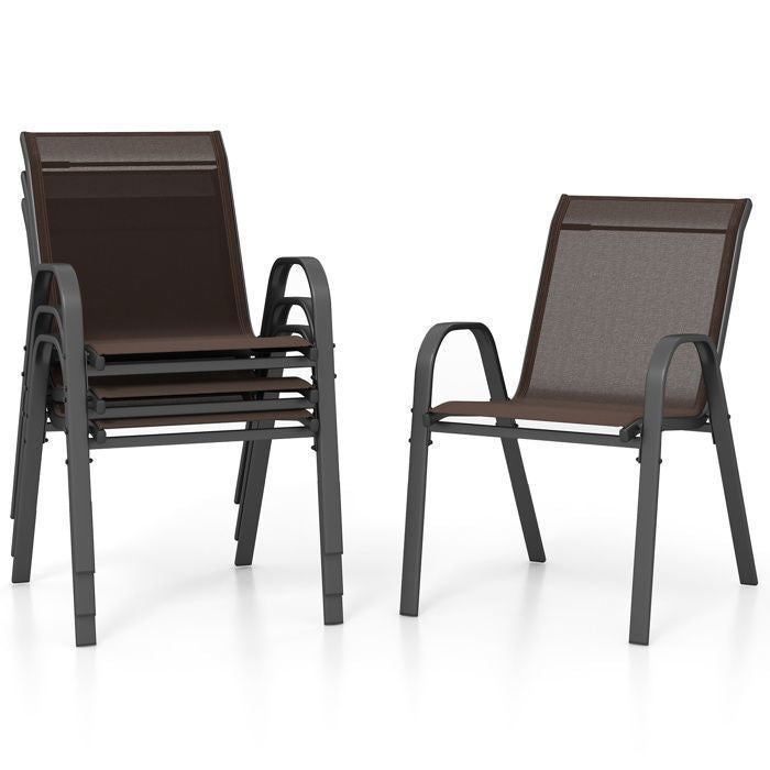 COSTWAY Lot de 4 Chaises de Jardin, Tissu en Textilène, Chaises à Manger Empilables avec Accoudoirs, pour Patio Terrasse, Marron(Marron/Lot de 1/Style 1)