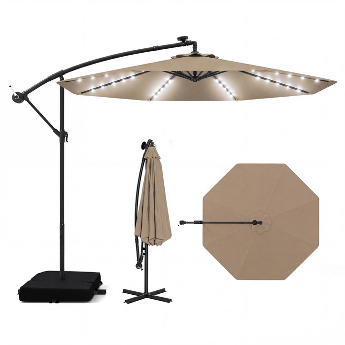 COSTWAY Parasol Déporté 3M avec 40 Lumières LED Panneau Solaire 6 Heures,Base Croisée Sac de Sable Tissu en Polyester UV 20+ Marron(Beige/3 x 2 m (Rectangle)/Avec LED et avec sac de sable)