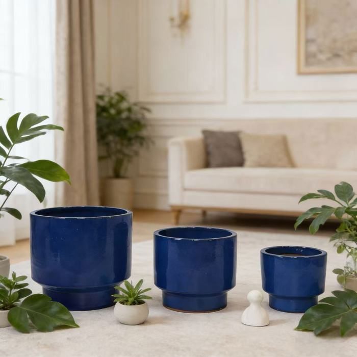 Pots de Fleur en Céramique- Set de 3 pièces-Ø 38,1/30,5/22,9 cm-Bleu(Bleu/Diamètre : 38)