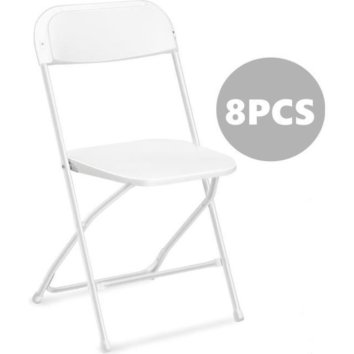Lot de 8 chaises pliantes en plastique blanc, sièges commerciaux empilables portables intérieurs et extérieurs avec cadre en acier(Blanc/Lot de 2)