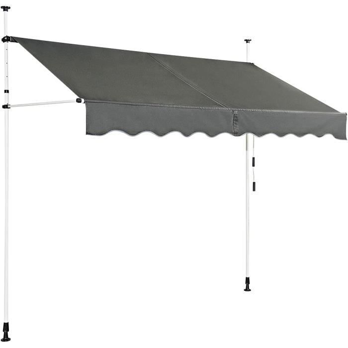 GOPLUS Store Banne Manuel Rétractable 2,5x1,2M en Aluminium-sans Perçage-Hauteur Réglable 2-3M-Auvent Banne de Balcon sur Pied,Gris(Beige/1)