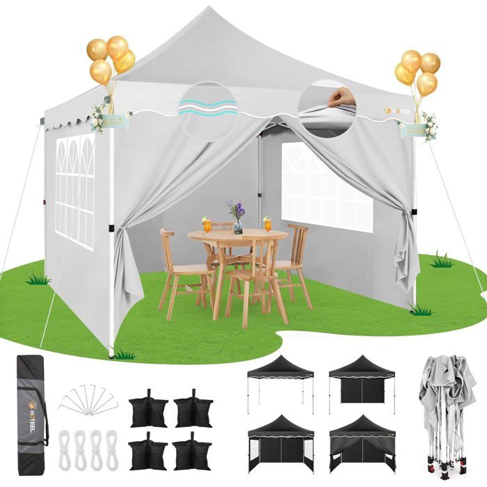 Tonnelle Pliante 3x3 Imperméable avec 4 Parois Latérales, Installation Facile,Blanc(Blanc)