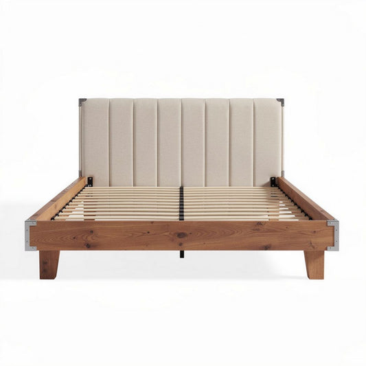 Lit en bois et tissu beige avec sommier à lattes dimensions 200 x 160 x 100cm