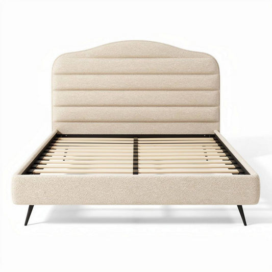 Lit en tissu beige avec tête de lit rembourrée dimensions 200 x 160 x 100cm