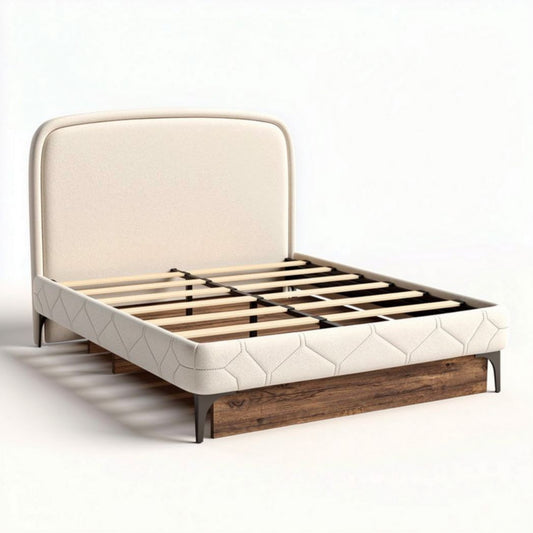 Lit en tissu beige avec cadre en bois de 200 x 160 x 30cm