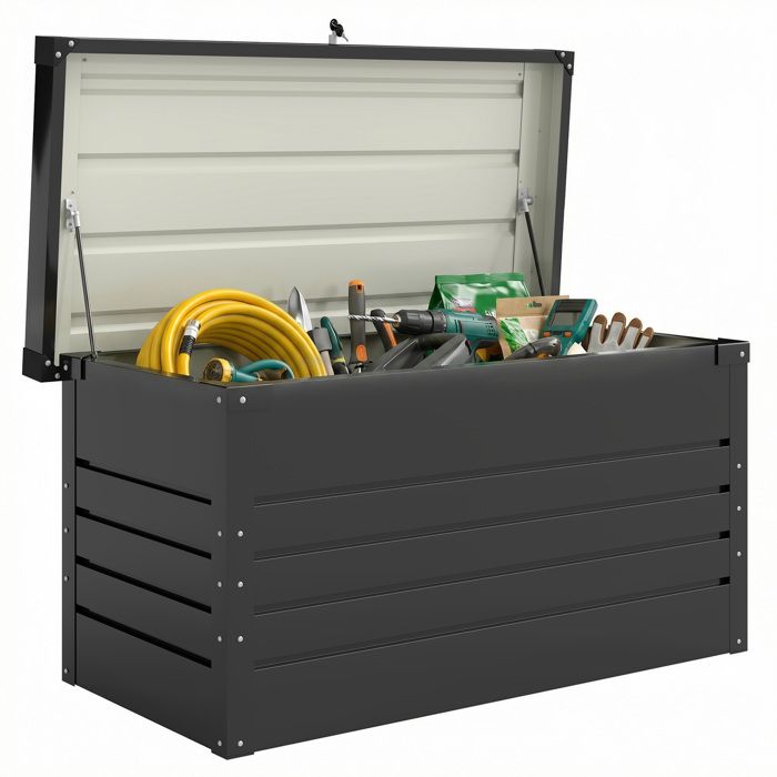 Coffre de rangement en métal - boîte de jardin - Outsunny - 350L, acier galvanisé étanche avec double vérins à gaz - gris anthracite(Capacité : 350 L/Contemporaine)