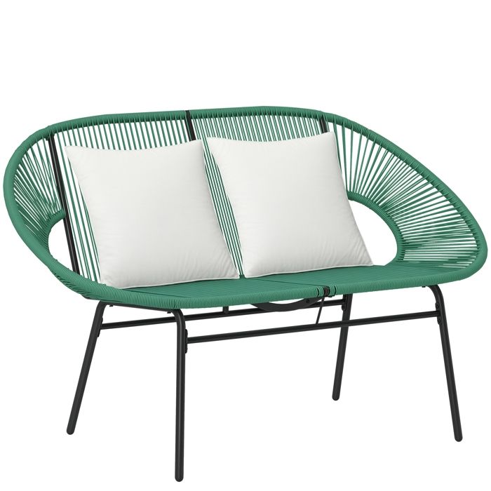 Banc de jardin - Outsunny -  2 places - avec 2 coussins - cadre en acier et cordage en résine PE - 132 x 72 x 83 cm - vert foncé(Vert)