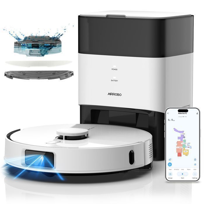 AIRROBO L60+ Aspirateur Robot Laveur avec Station 12000Pa - 3,5 L 240 Min - Cartographie LiDAR, Évitement d'Obstacles laser, Blanc(Blanc/L40+/10000 Pa)