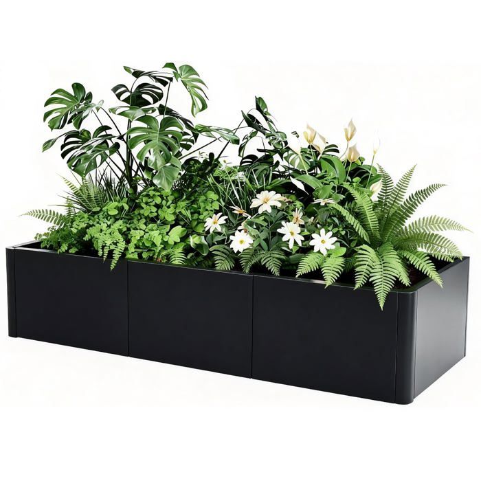 Bac à Fleurs Métal Surélevé 136x52x30 cm, Assemblage Sans Outil – Coins Arrondis – Anti-débordement，Carré potager avec fond(Noir/100 x 40 x 45 cm)