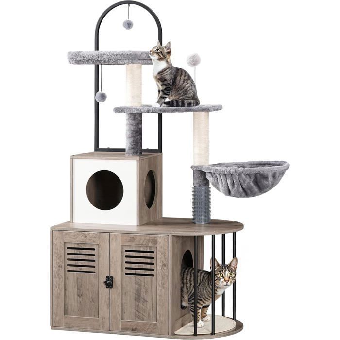 HOOBRO Arbre à Chat avec Maison de Litière pour Chat, avec Tour à Chat, 80 x 45 x 145 cm, Gris(Grège/56 x 48 x 112 cm)