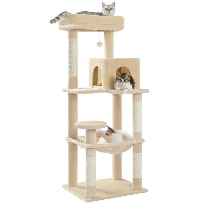 PAWZ Road Arbre à chat Design Spacieux Grande Hamac Dur Stable Avec hamac et belle maison pour chat - Beige - 143 cm(Beige/L)