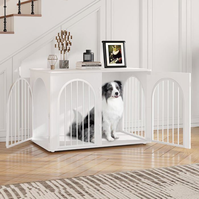 100cm Cage pour Chiens, Cage Chien de Taille Moyenne, Maisonnette pour Animaux, 3 Portes, Porte arquée, 60 x 100 x 63 cm, Blanc(?Blanc)