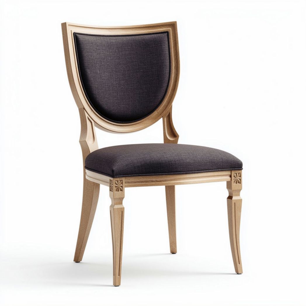 Chaise en bois sculpté avec assise en tissu gris 45 x 50 x 90cm