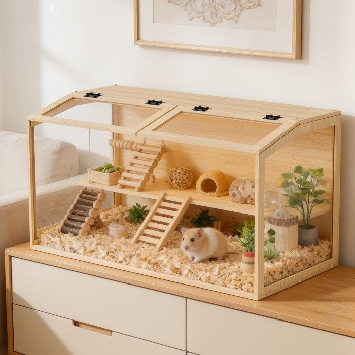 Cage à Hamster en Verre Trempé - Cage pour Rongeurs avec Éclairage LED Intégré, 100.7x50x50m(100)