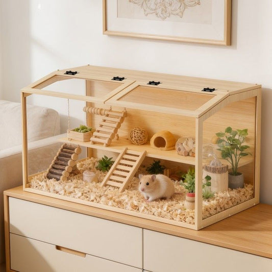 Cage à Hamster en Verre Trempé - Cage pour Rongeurs avec Éclairage LED Intégré, 100.7x50x50m(100)