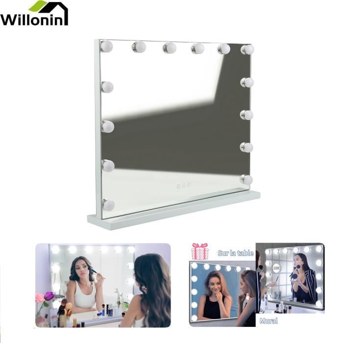 Miroir Tactile de Maquillage sur Table - WILLONIN - Lumière Froide et Chaude - 14 Ampoules LED - 62 x 52 cm(Blanc/30 x 30 cm/Rectangulaire)