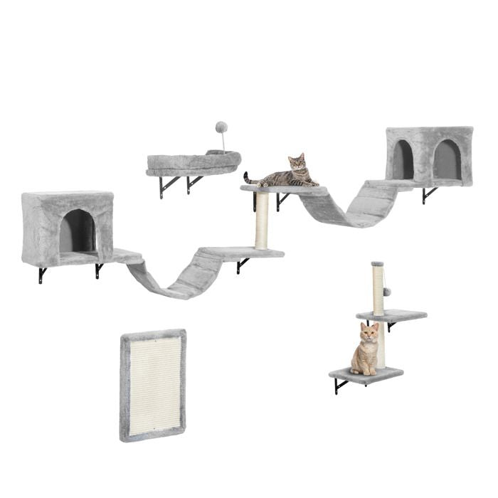Balconera Lot 8 Murs escalade Chat - Peluche Stable, Arbre Mural Griffoirs, Pont, Escaliers  Boule, Gris Clair(Gris clair)