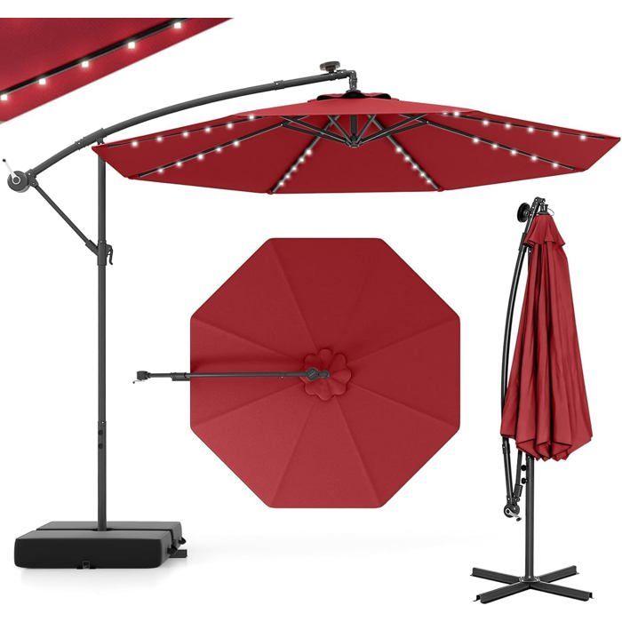GIANTEX Parasol de Jardin Extérieur avec Pied - 3x3M - 40 Lampes Solaires - Inclinable - Manivelle - 8 Baleines - UPF50+, Bordeaux(Beige/300 x 300 x 240 cm/32 LED)