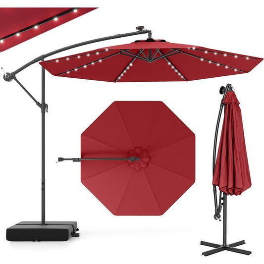 GIANTEX Parasol de Jardin Extérieur avec Pied - 3x3M - 40 Lampes Solaires - Inclinable - Manivelle - 8 Baleines - UPF50+, Bordeaux(Beige/300 x 300 x 240 cm/32 LED)
