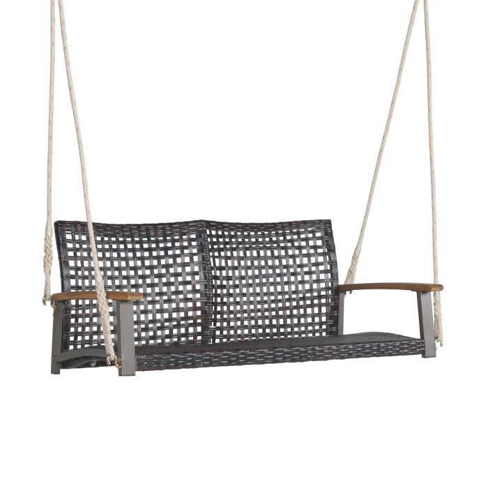 COSTWAY Banc Suspendu 2 Places en Rotin avec Cordes et Accoudoirs en Bois d'Acacia, Charge 360 kg, pour Jardin, Balcon, Marron(Marron/Avec coussin)