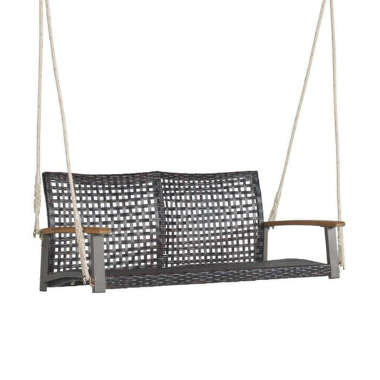 COSTWAY Banc Suspendu 2 Places en Rotin avec Cordes et Accoudoirs en Bois d'Acacia, Charge 360 kg, pour Jardin, Balcon, Marron(Marron/Avec coussin)