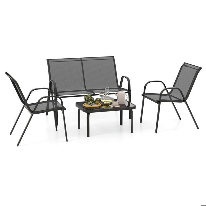COSTWAY 4 PCS Ensemble Table et Chaises de Jardin Extérieur, Chaises et Causeuse avec Siège en Tissu, Plateau en Verre Trempé, Gris(Gris/Lot de 3)