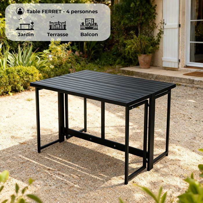 Table de jardin - FERRET - Pliante - Métal - Noir - 98 x 80 x 72 cm - 4 personnes(Table Métal)