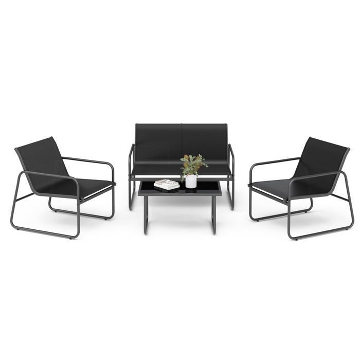 Mondeer Salon de Jardin Extérieur 4 places, Mobilier Métal et Textilène avec 3 Assises et 1 Table basse, Noir(Noir)