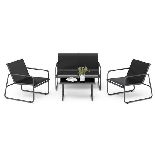 Mondeer Salon de Jardin Extérieur 4 places, Mobilier Métal et Textilène avec 3 Assises et 1 Table basse, Noir(Noir)