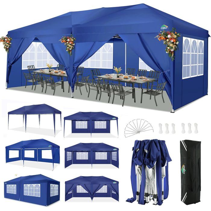 Tonnelle Tente 3x6m Pliant Tonnelle de Jardin, étanche Pavillon Tente de réception pour Exterieur,Bleu foncé(Blanc)