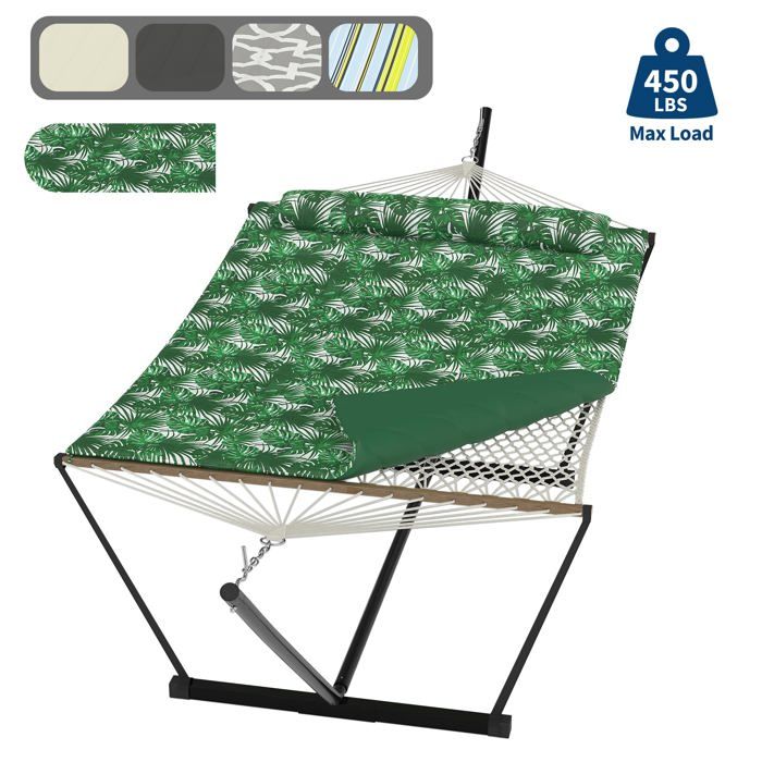 Hamac Double avec Support - 450 lbs, Toile Coton  Coussin Amovible - Pour Jardin, Intérieur/Extérieur, Vert(Vert/107)